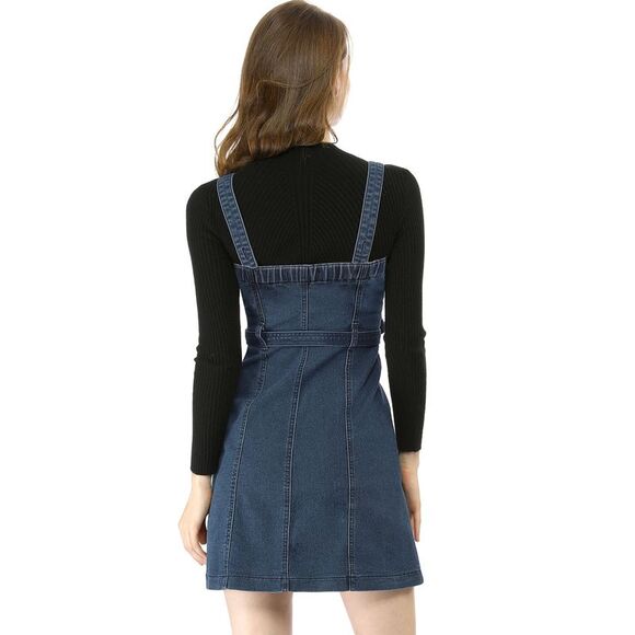 Women's Classic Adjustable Strap A-Line Overall Denim Dress Dark Blue - Picture 5 of 6